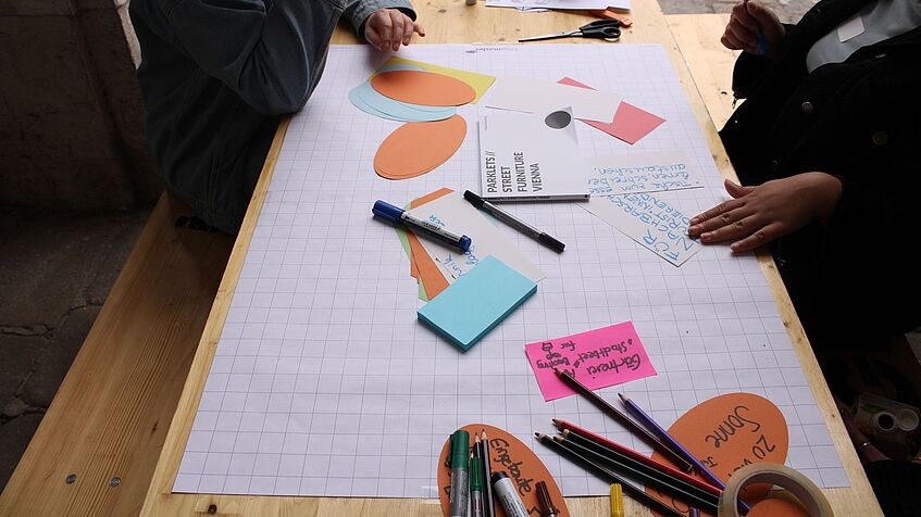 Foto von Bastelutensilien auf einem Tisch bei dem Workshop.