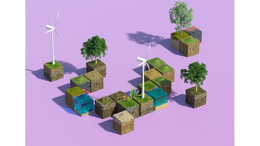 Auf dem Bild ist eine 3D-Grafik mit Windmüllen, Bäumen und Bodenschichten zu sehen
