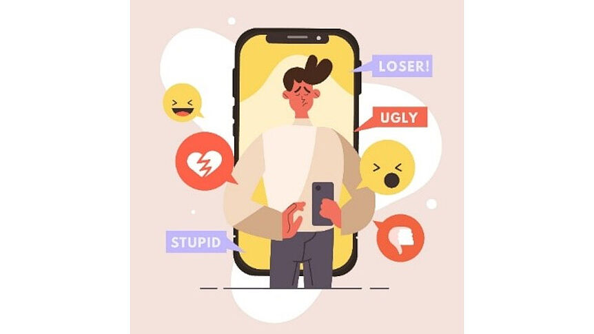 Person mit traurigem Gesicht bekommt böse Nachrichten über das Handy via Sprechblasen dargestellt
